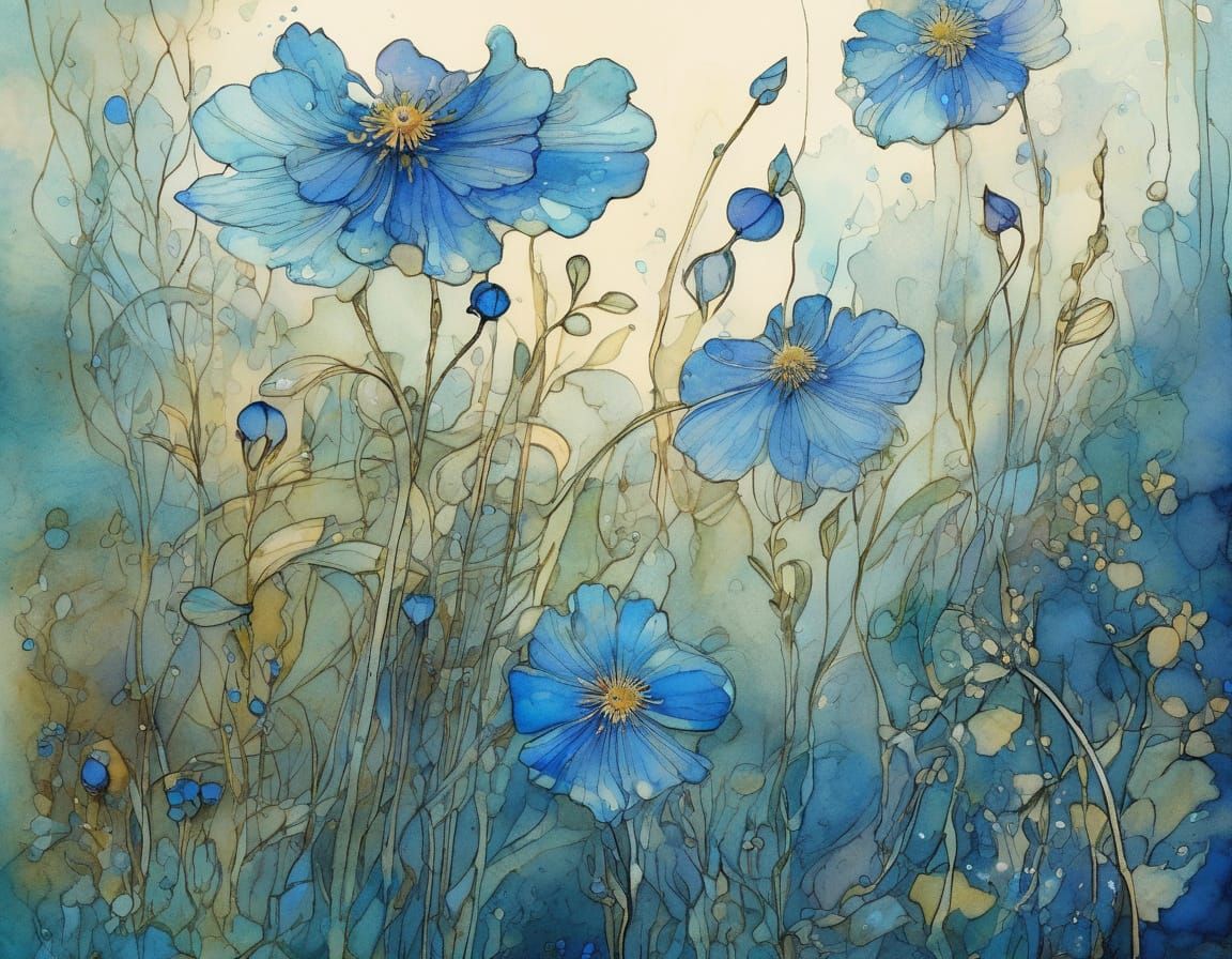 Delicate Blue Wildflower in Liquid Ink Watercolour