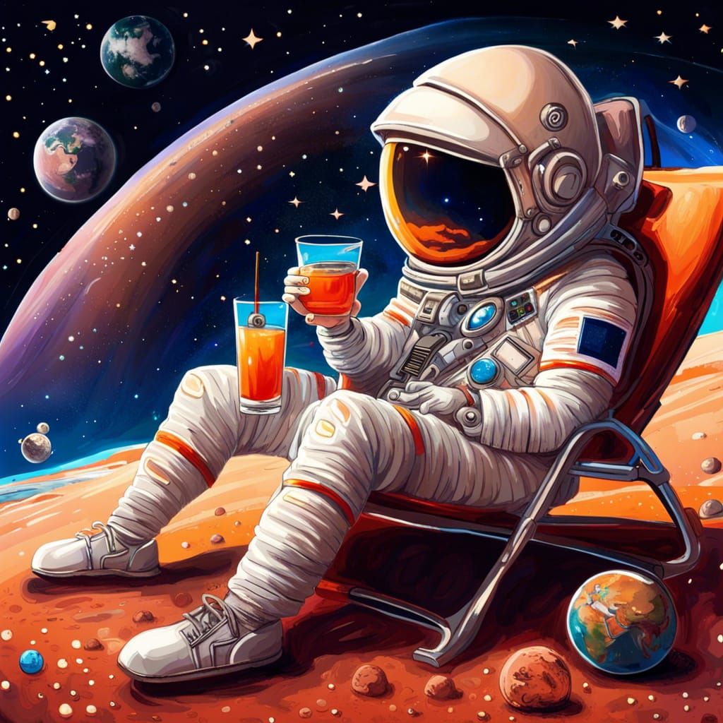 Astronaut Relaxing on Mars, Sipping a Drink