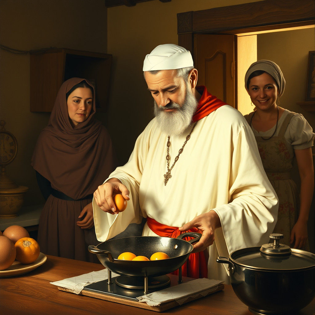Renaissance Kitchen Scene with Holy Man Cooking