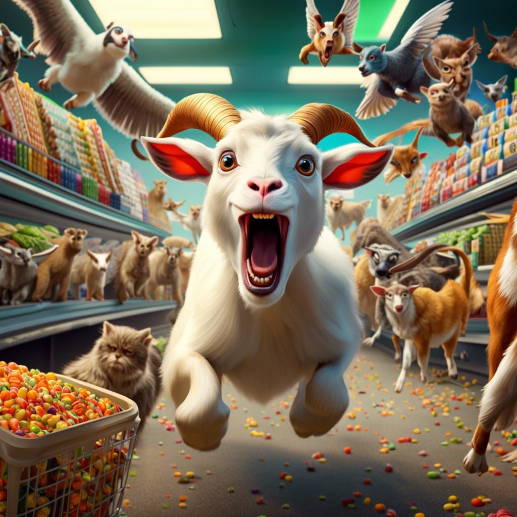 Animals Swarming a Supermarket in Colorful Fantasy
