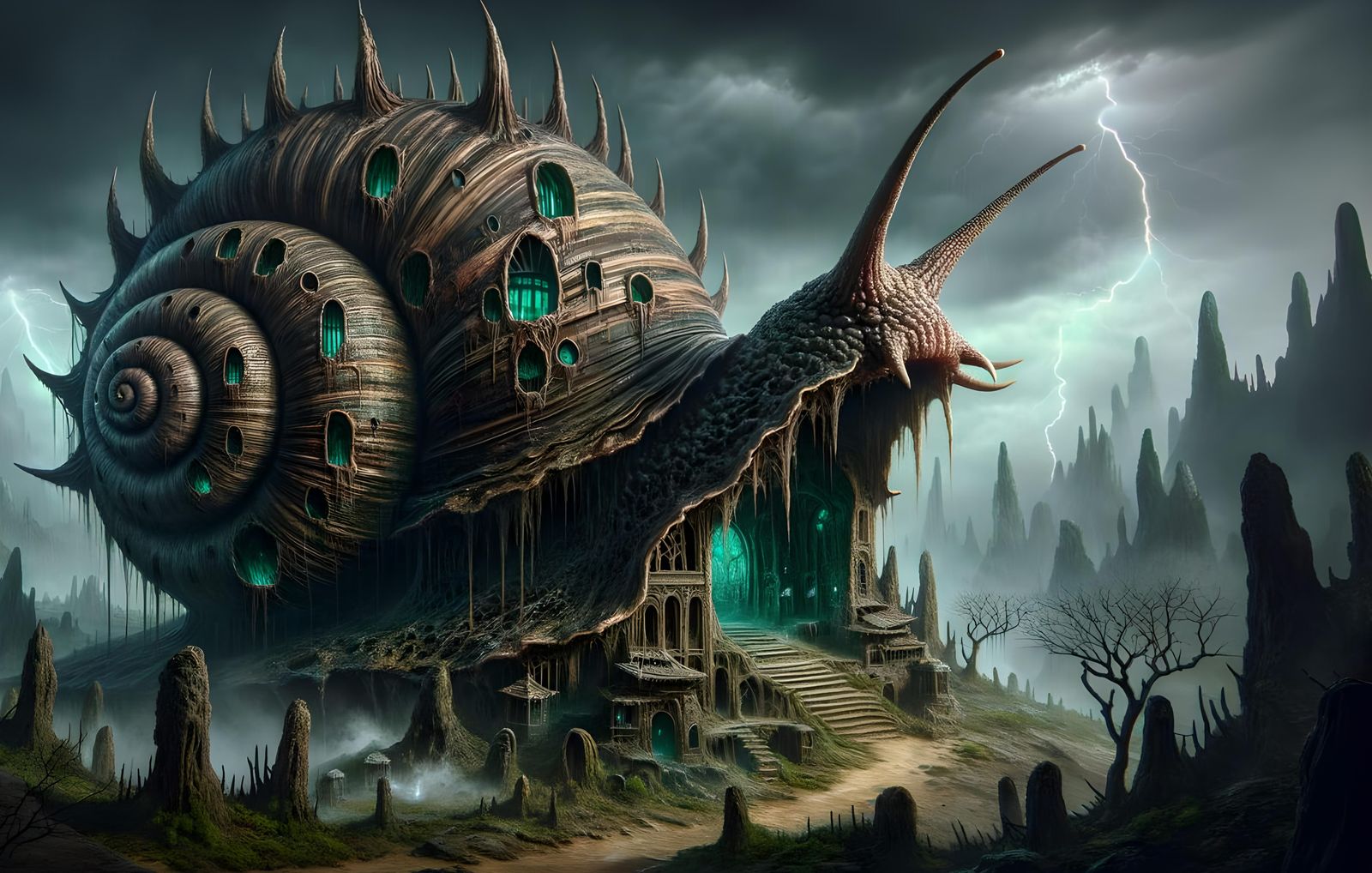 Colossal Snail Shell Fortress in Dark Fantasy Horror Scene