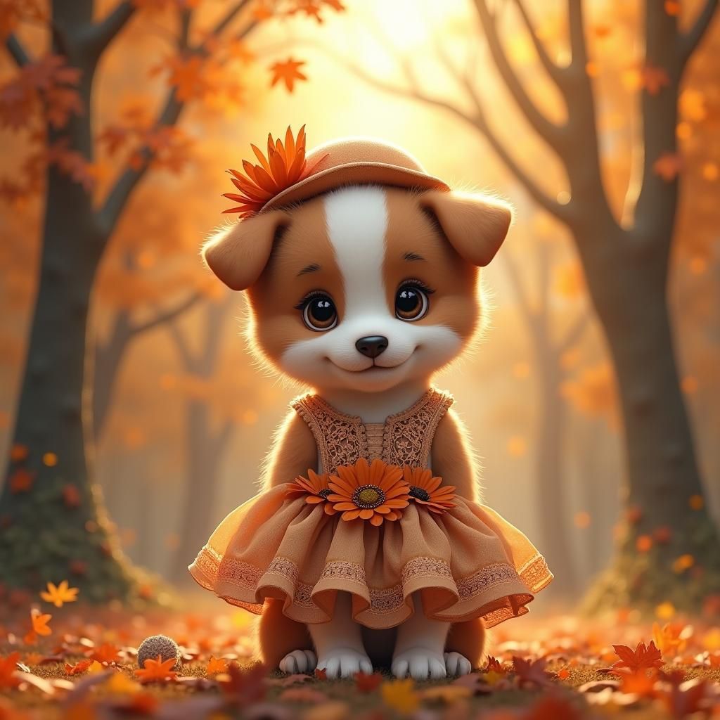 Puppy in Floral Dress Among Autumn Foliage