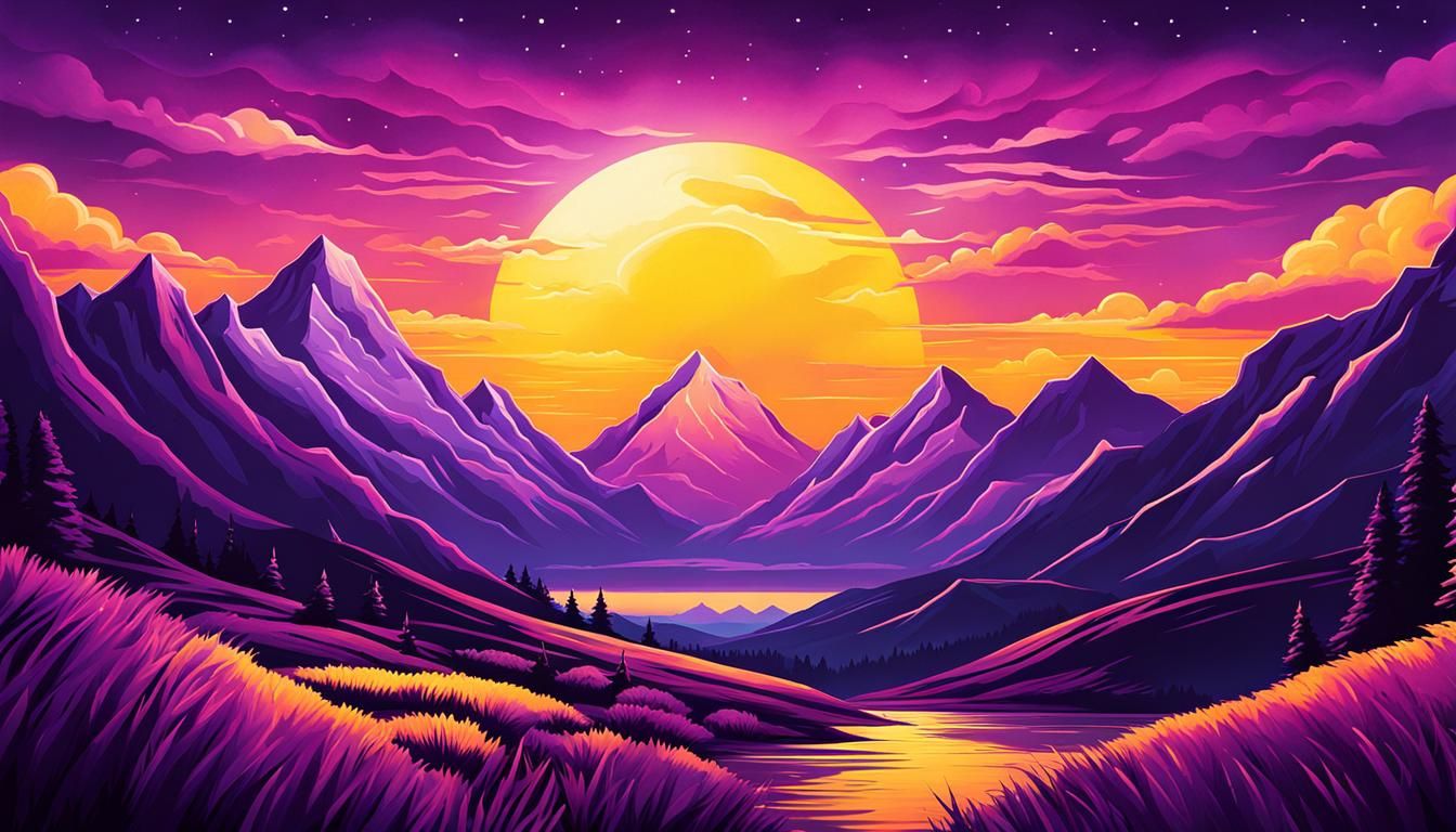 Mountains Sunrise in Vaporwave Airbrush Art Style