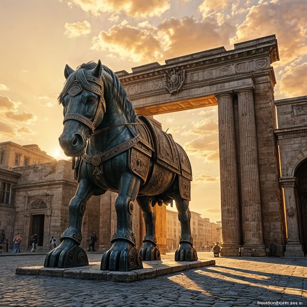 Majestic Trojan Horse Approaches Ancient Troy's Gates