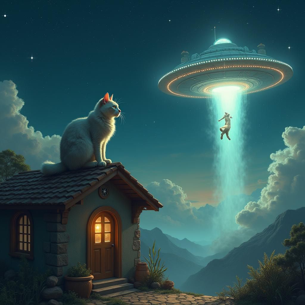Cat Watches Dog Abduction in Sci-Fi Landscape
