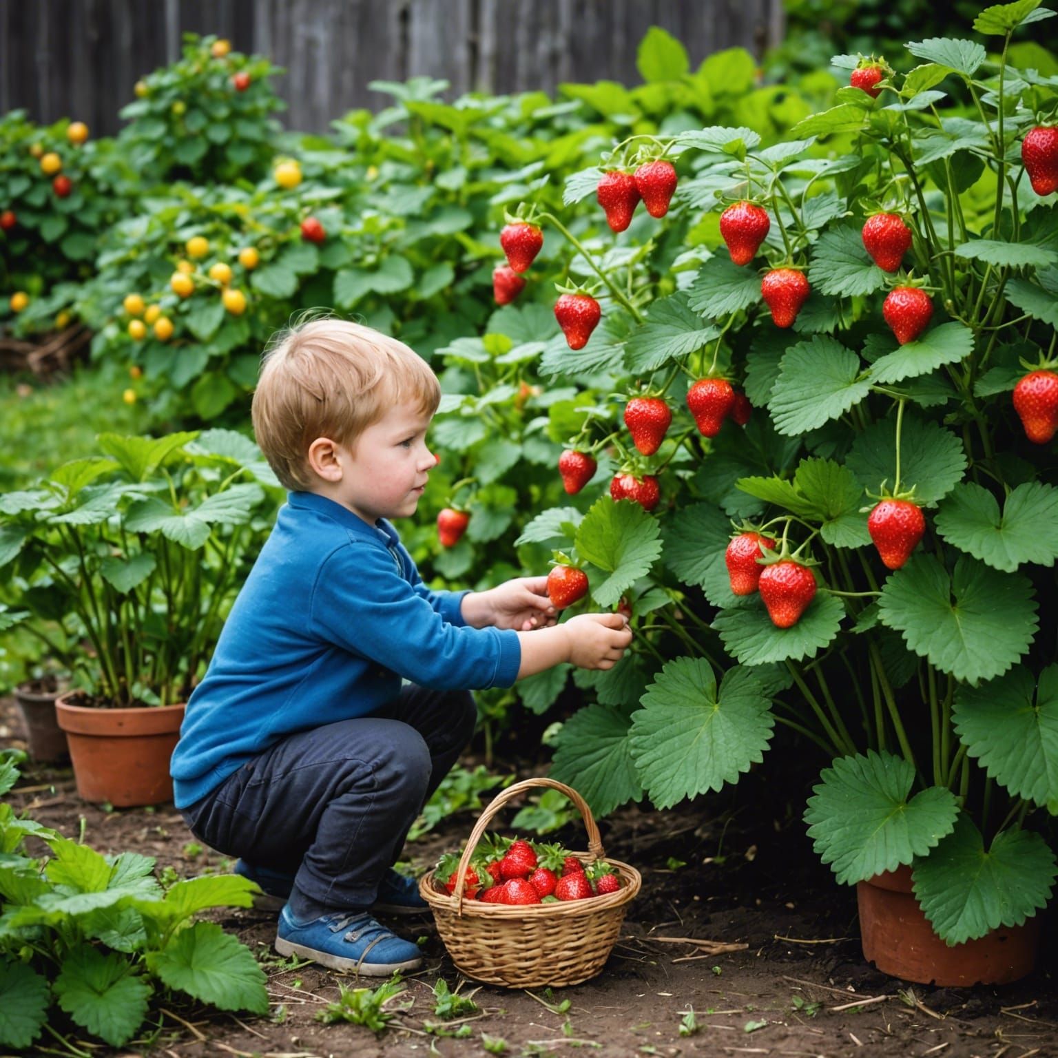 Boy Picking Strawberries in Aunt's Garden
