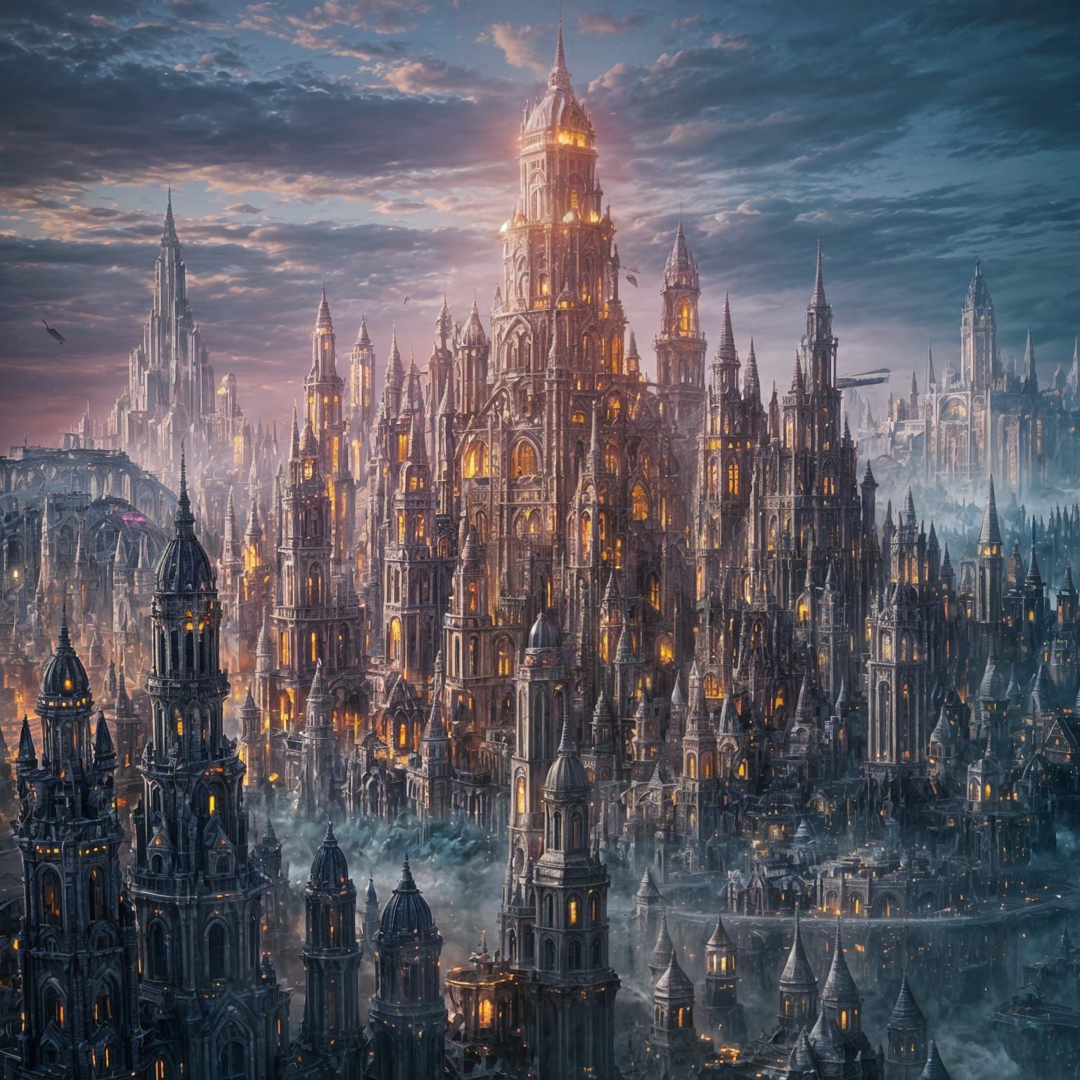 Fantastical Cityscape Fusion in Detailed Matte Painting Styl...