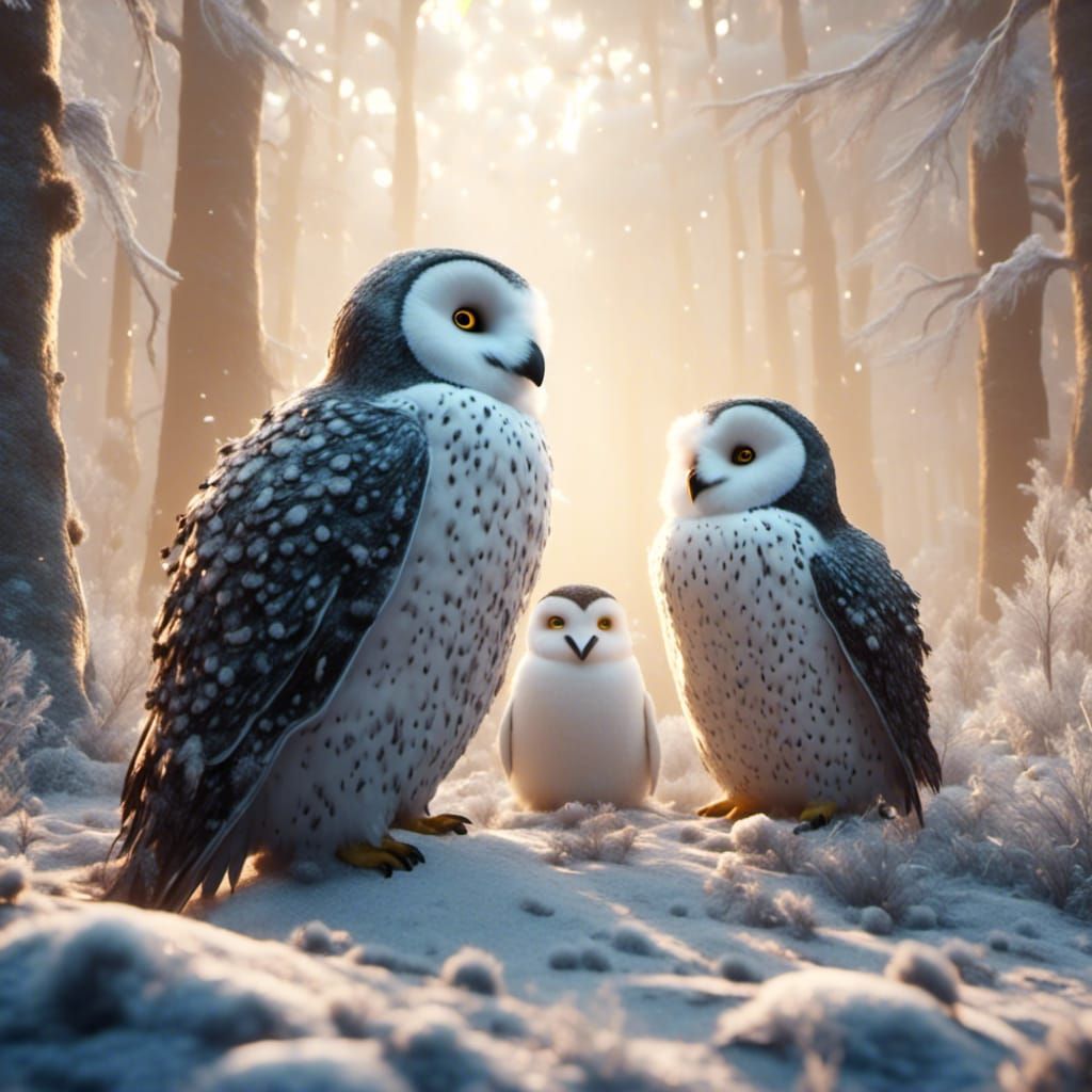 Snowy Owls and Penguins in Winter Forest: 3D Render