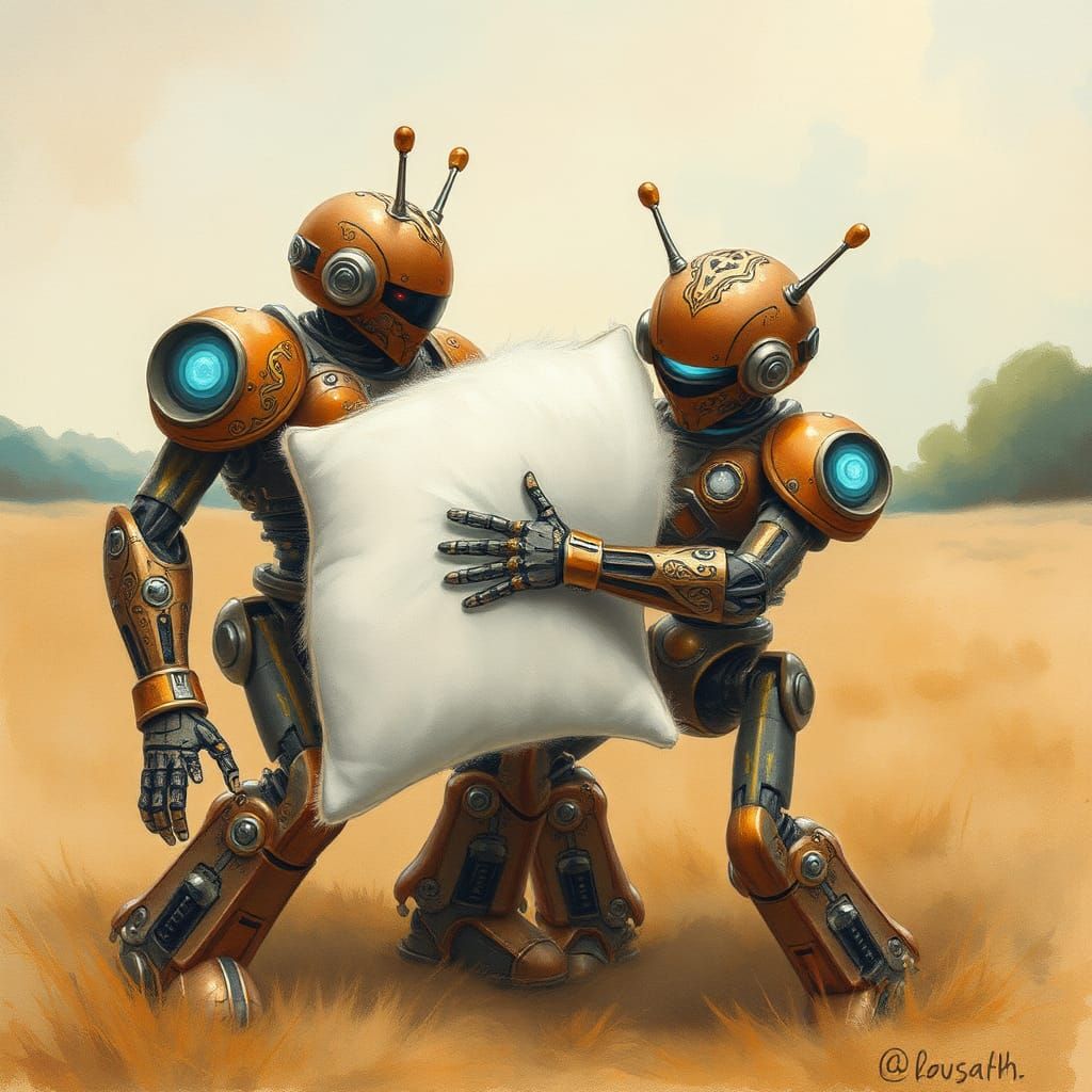 Mecha Robots Engage in Whimsical Pillow Fight