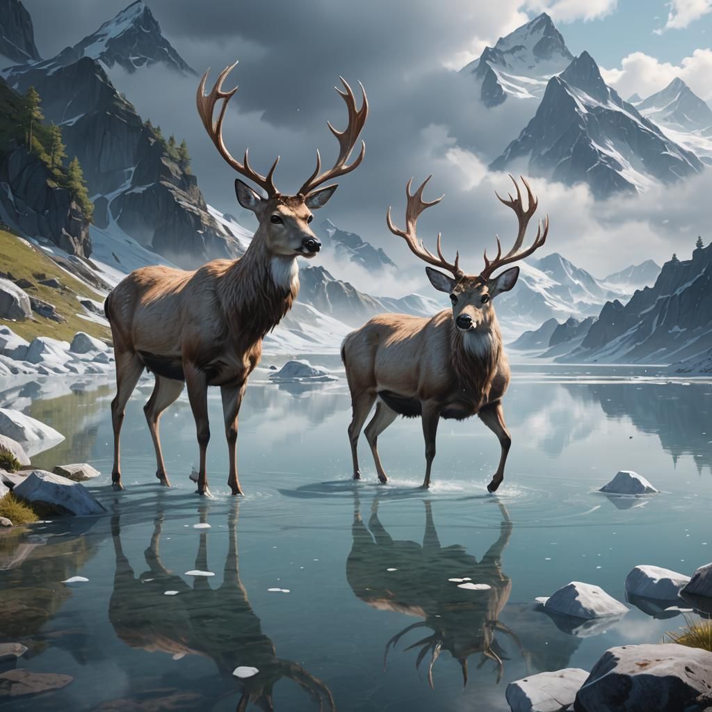 Misty Cloud Deer at Glacial Lake, Anime Art