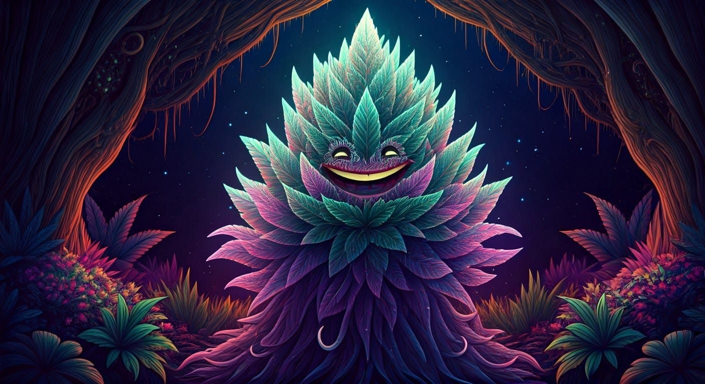 Psychedelic Cannabis Monster in Cosmic Jungle Art