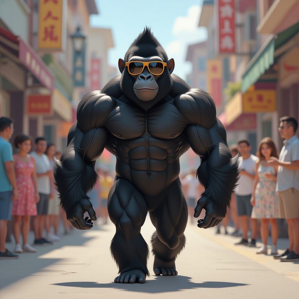 Muscular Monkey Strutting Down Busy Street