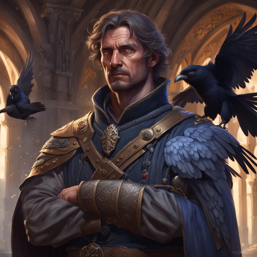 Medieval French Innkeeper with Raven, Detailed Fantasy Portr...