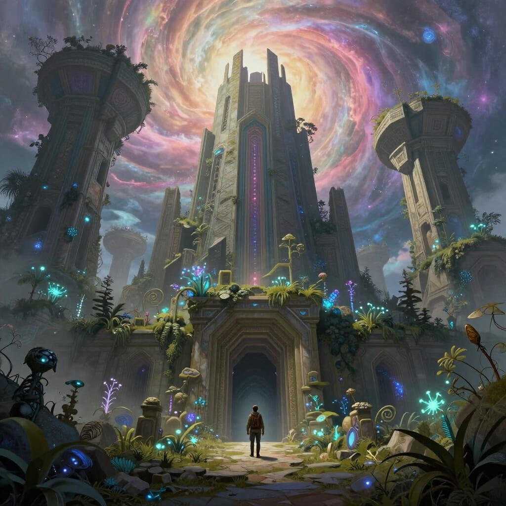 Explorer at Ancient Ruin Entrance with Bioluminescent Flora