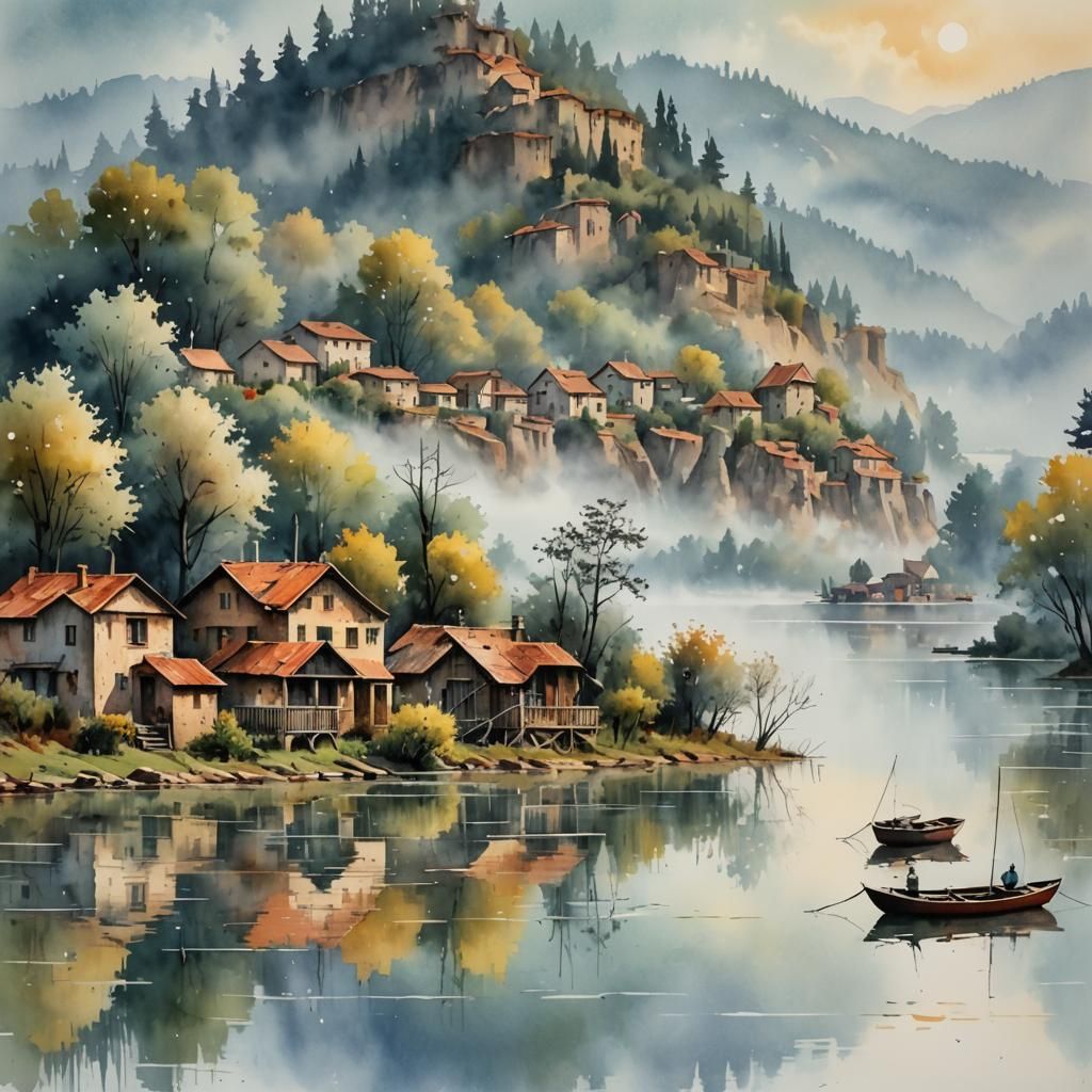 Misty Lake Village Watercolor Painting