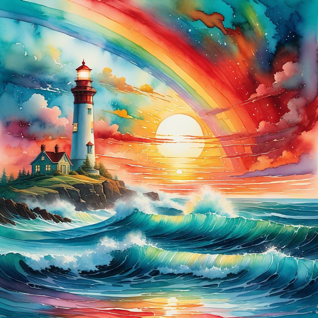 Watercolor Lighthouse Oceanscape at Sunrise