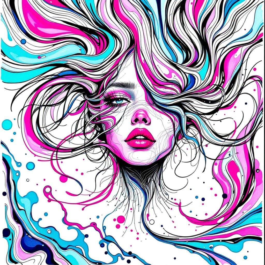 Surreal Portrait With Flowing Hair Into Ink Rivers