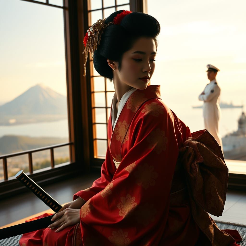 Geisha with Katana and Volcano, Akira Kurosawa Style