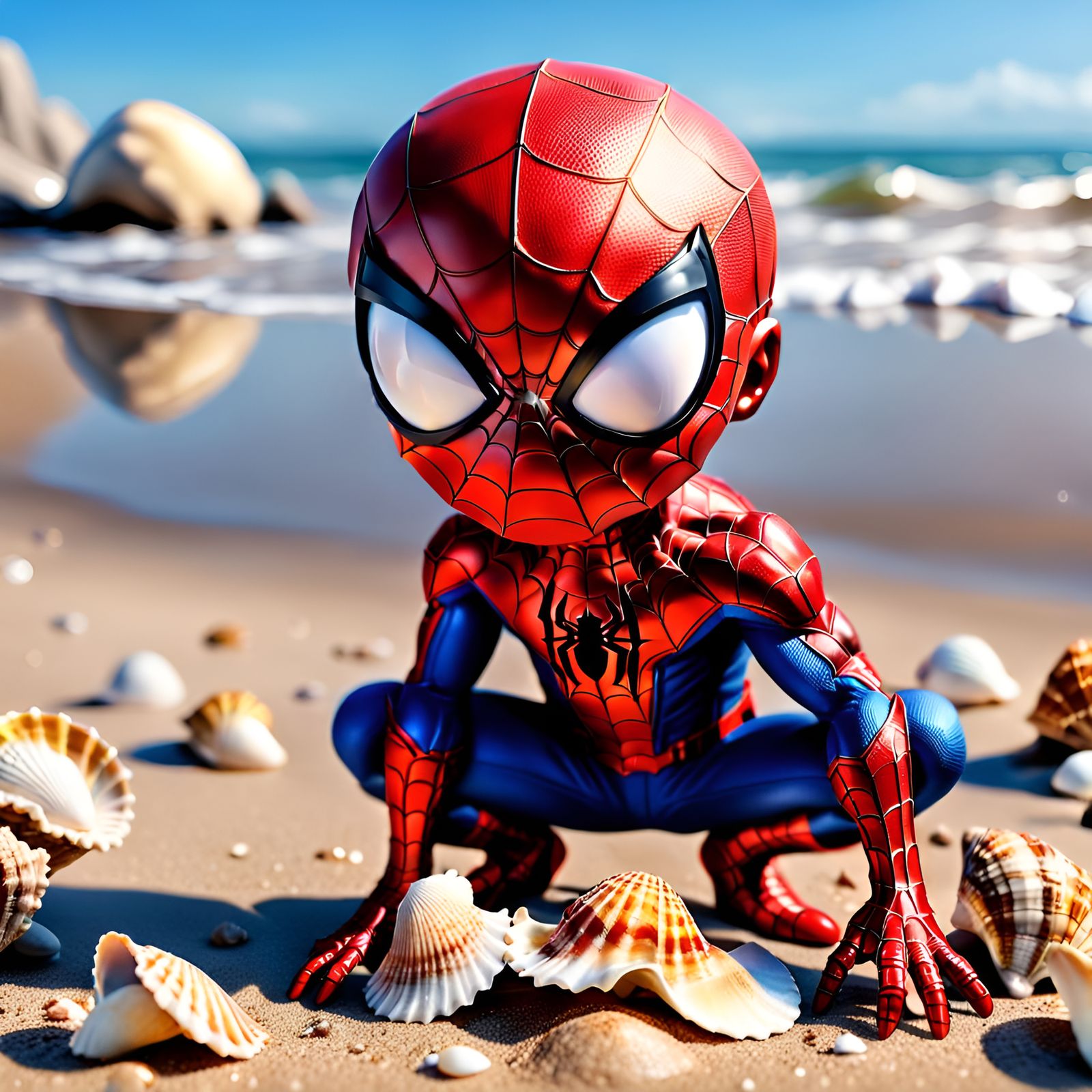 Adorable Spider-Man youth collecting seashells on beach 🏝️