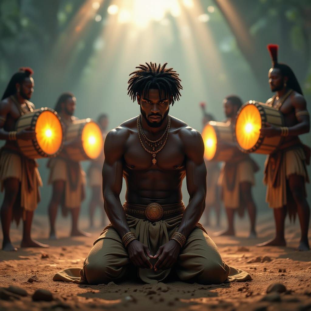 Defiant Young Man in Mystical Clearing with Warrior Spirits