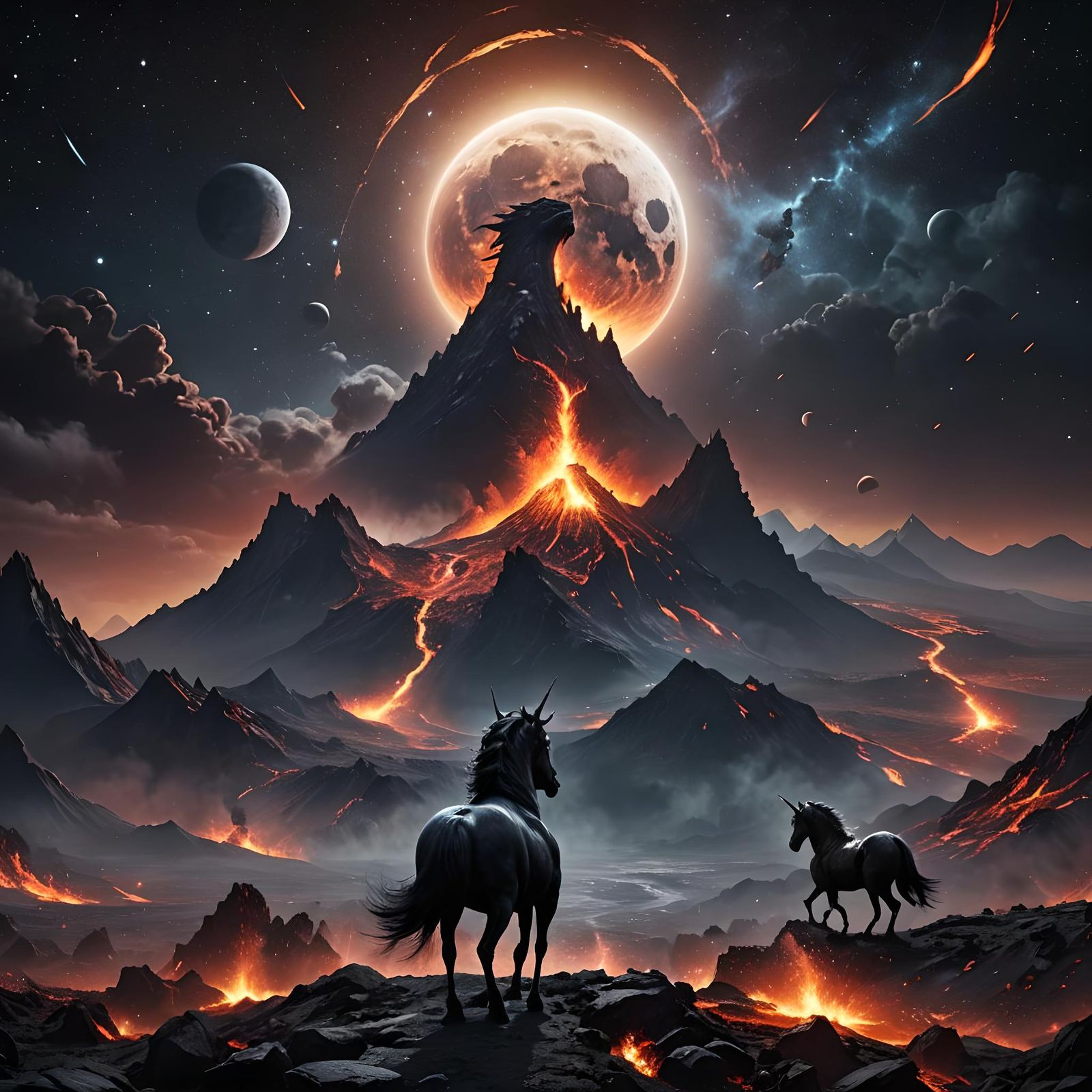 Black Unicorn in Volcanic Alien Landscape