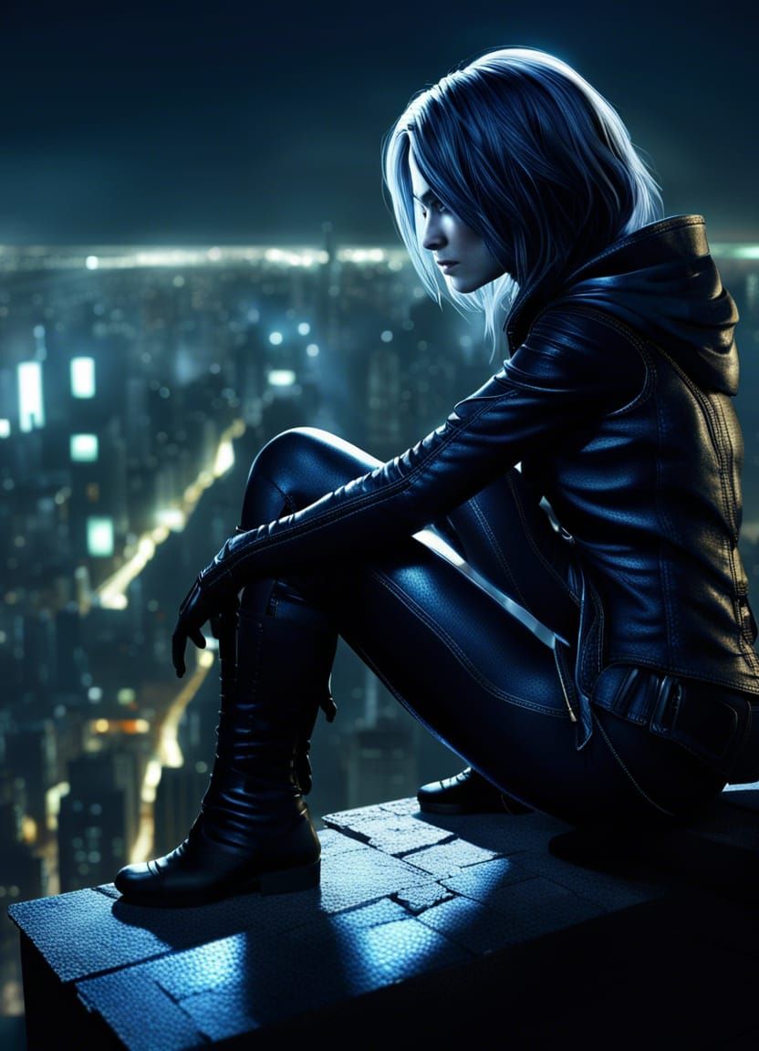 Selene Overlooking City in Cel-Shaded Nightscape