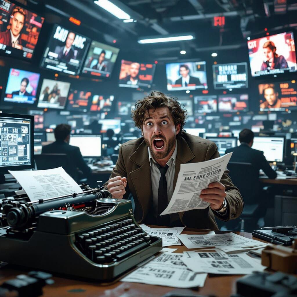 Chaotic Newsroom Scene in Retro-Futuristic Style