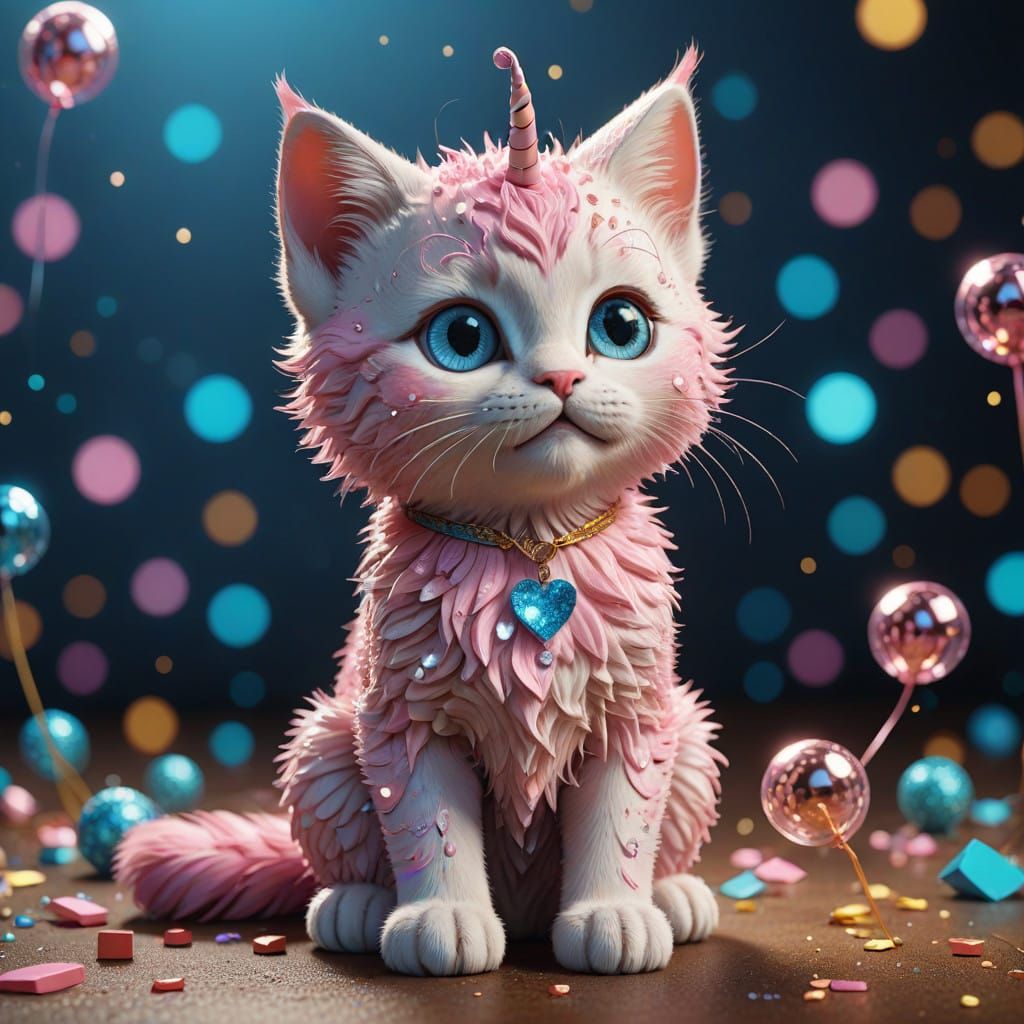 Cute Pink Kitten with Sparkling Unicorn Horn