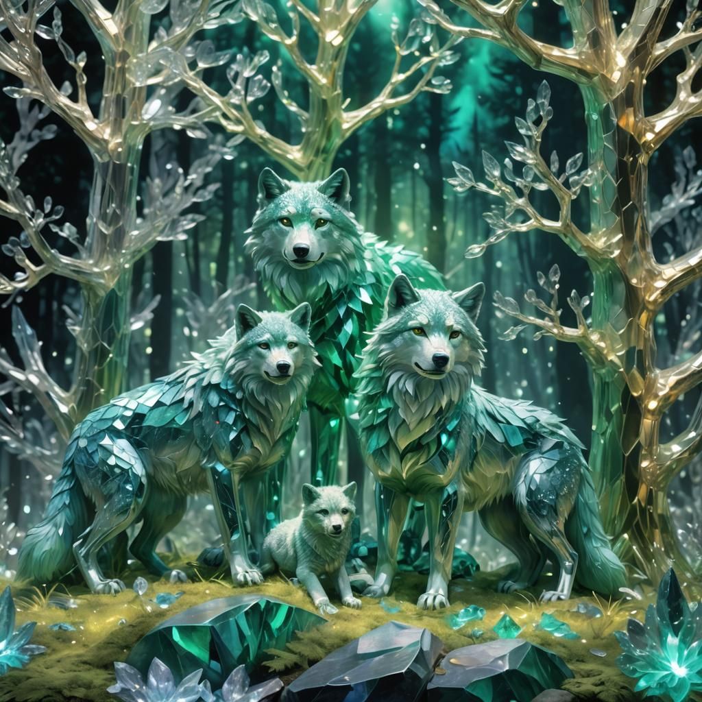 Crystal Glass Wolf Pack in Forest Concept Art