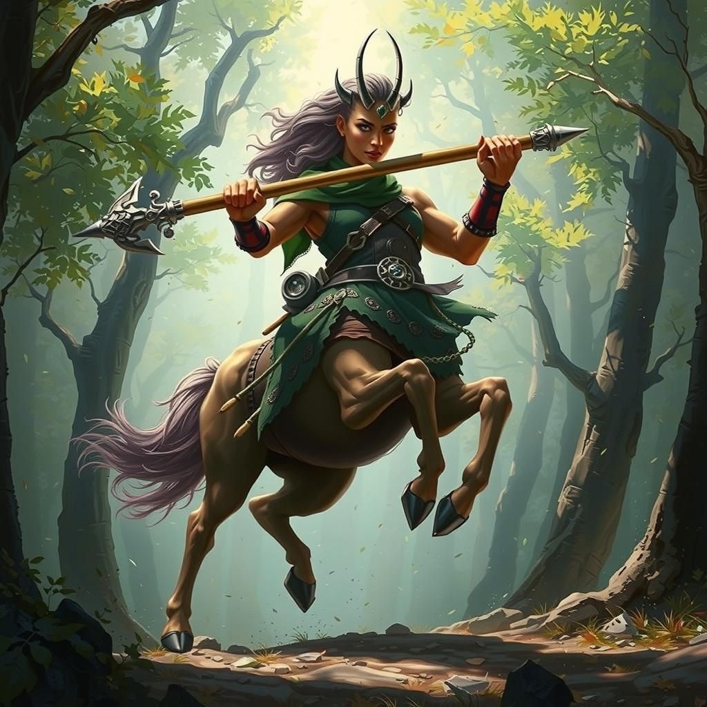 Majestic Centaur Charges Through Misty Forest