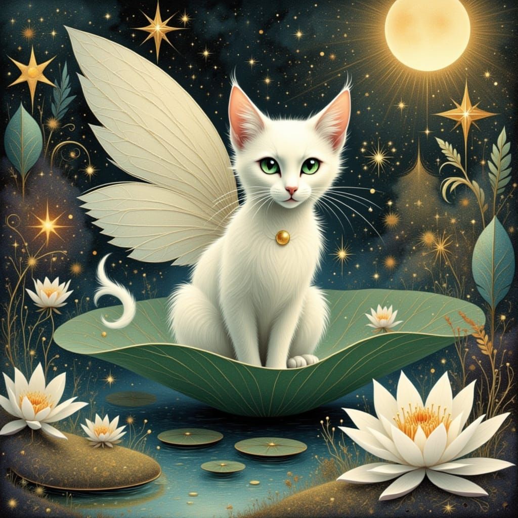 Moonlit Cat Fairy on Impressionistic Lily Pad