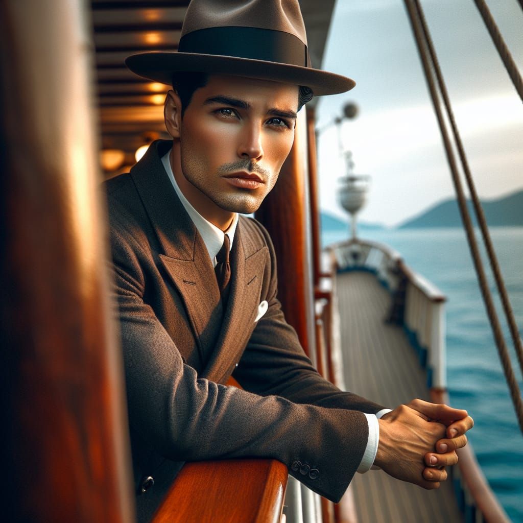 1920s Detective Gazes from Ship Railing