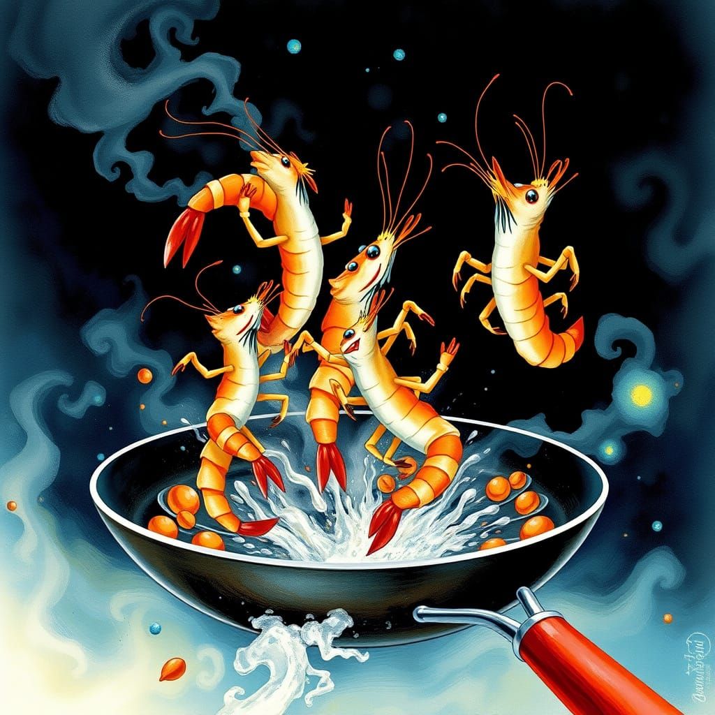 Whimsical Shrimps Dance in a Sizzling Frying Pan