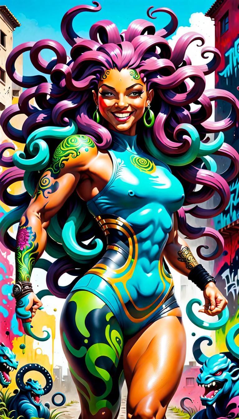 Smiling Medusa Warrior in Graffiti Street Art