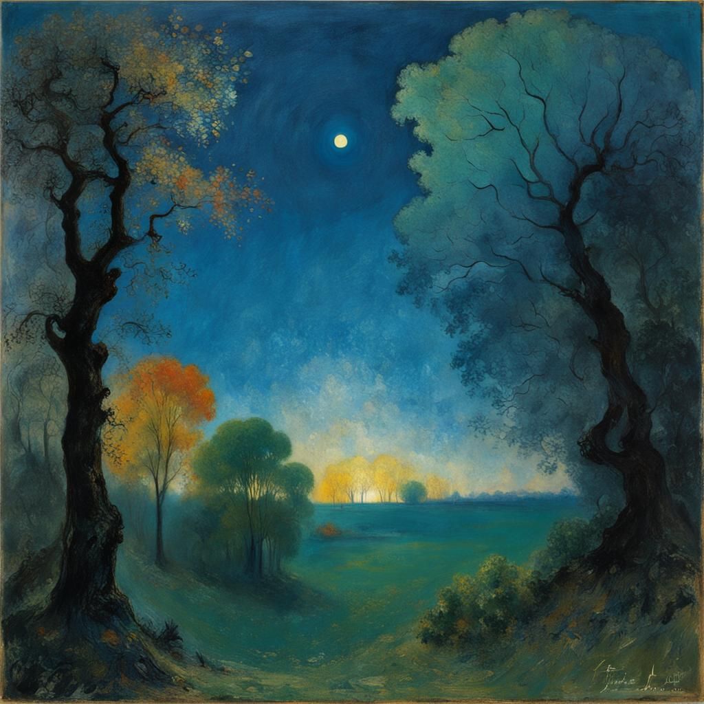 Surreal Nocturnal Trees with Colorful Leaves