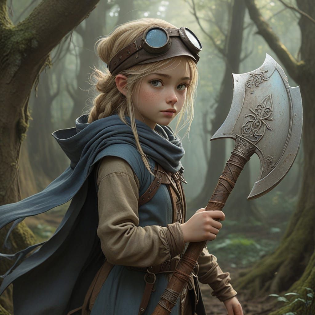 Young Adventurer with Glowing Magic Axe in Whimsical Landsca...