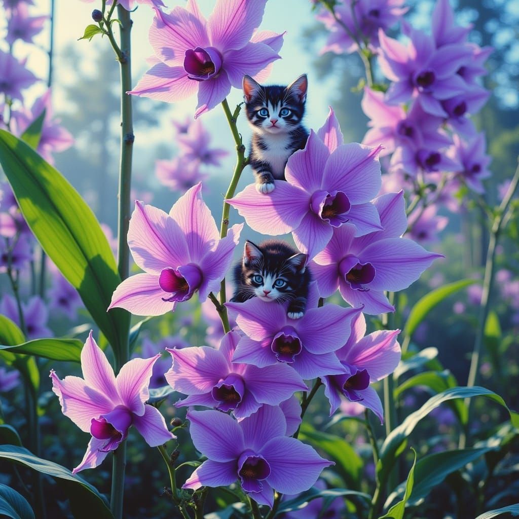 Tiny Kittens On Huge Orchids