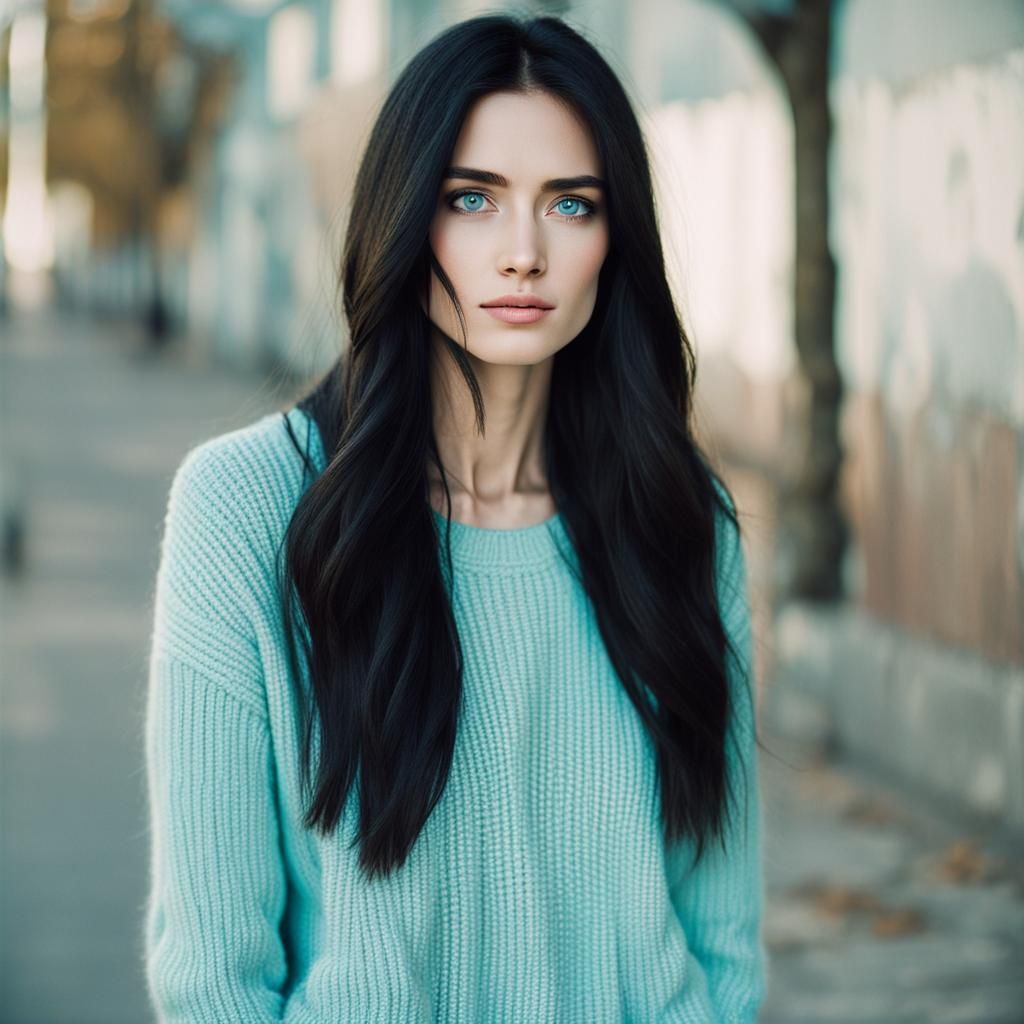 Beautiful Woman with Black Hair and Turquoise Sweater
