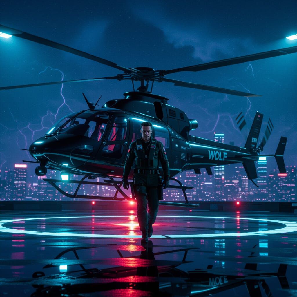 Airwolf Descends onto Futuristic Helipad in Cyber-Noir