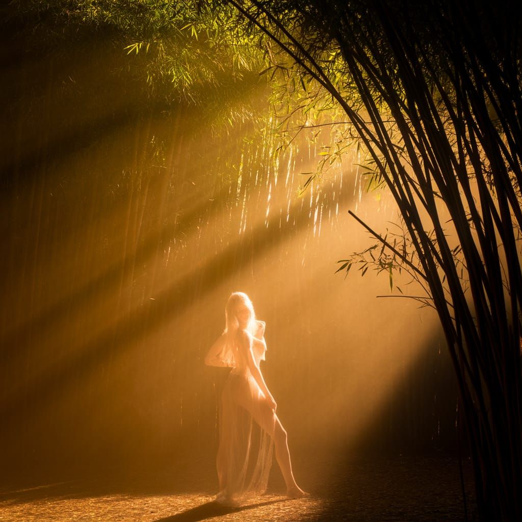 Ethereal Bamboo Forest Spirit in Soft Golden Light