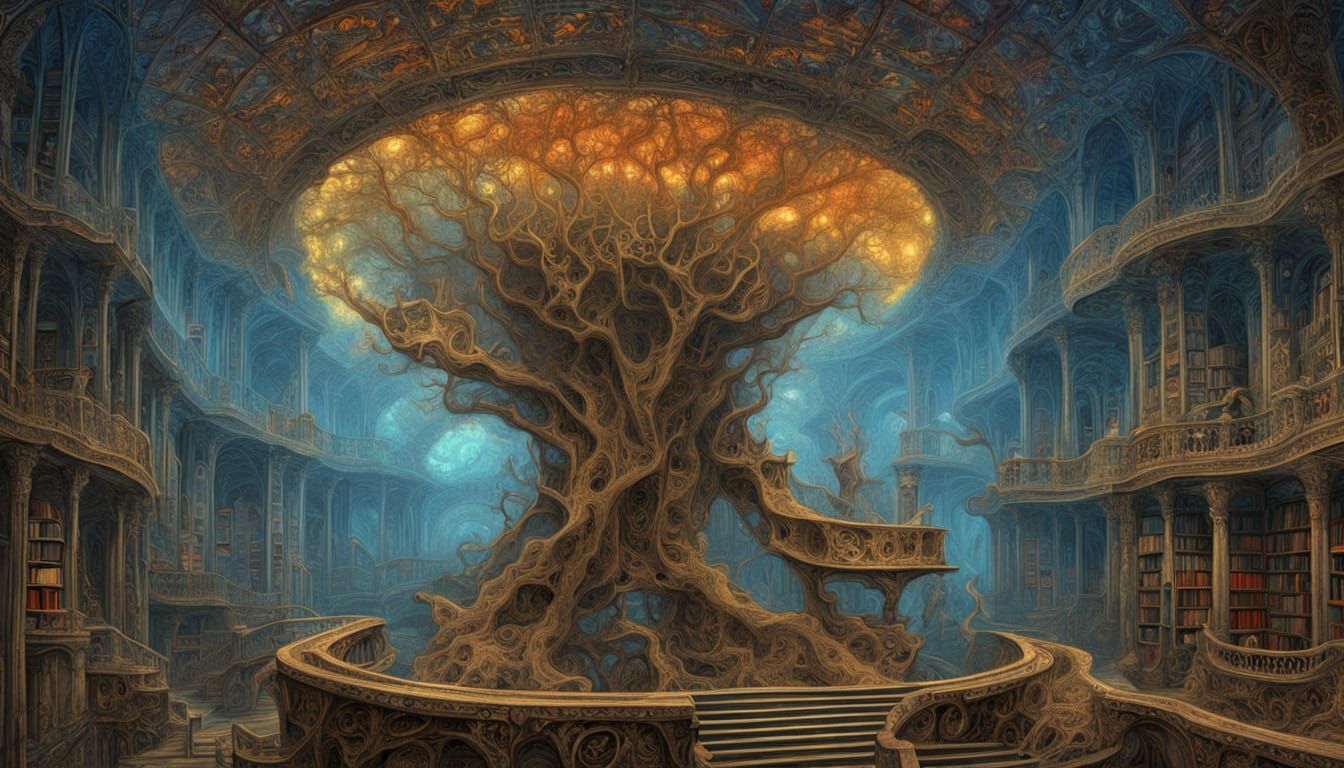 Enchanted Treehouse Library in Cosmic Mixed Media Style
