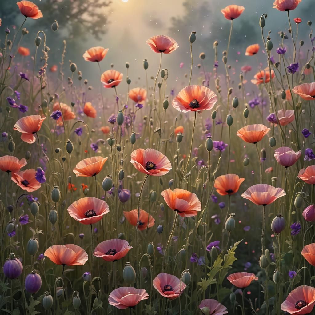 Poppy Flowers in Dreamy Crepuscular Art Style