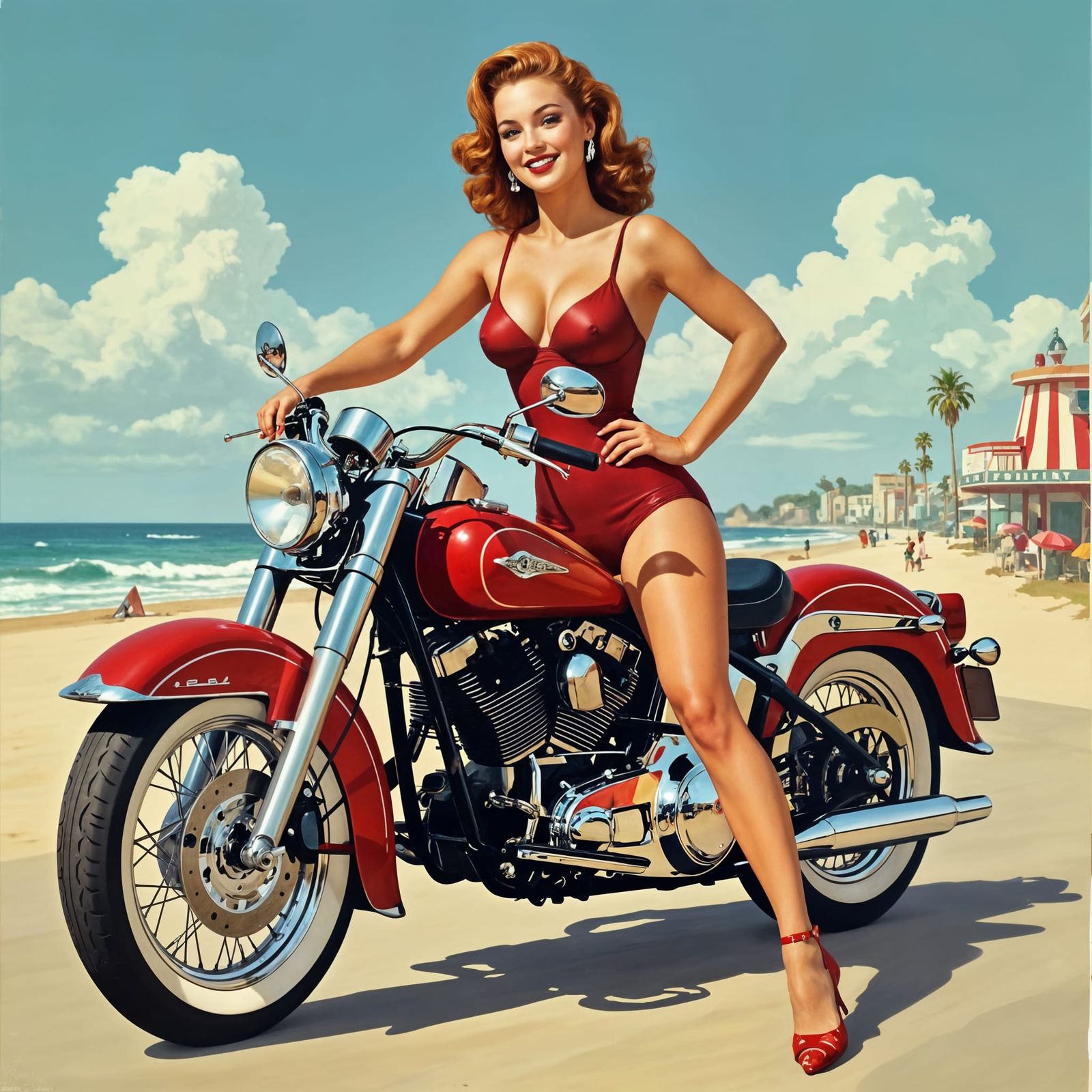 Vintage Pin-Up Girl on Motorcycle in 1950s Style