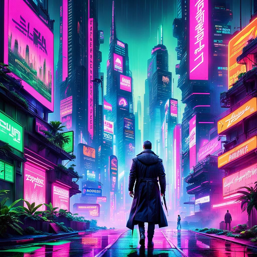 Cyberpunk Cityscape with Rooftop Garden in Neon Light