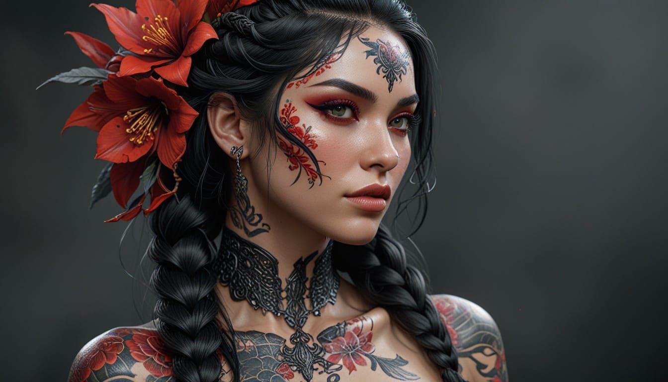 Realistic Portrait of Woman with Red Flowers and Dragon Tatt...