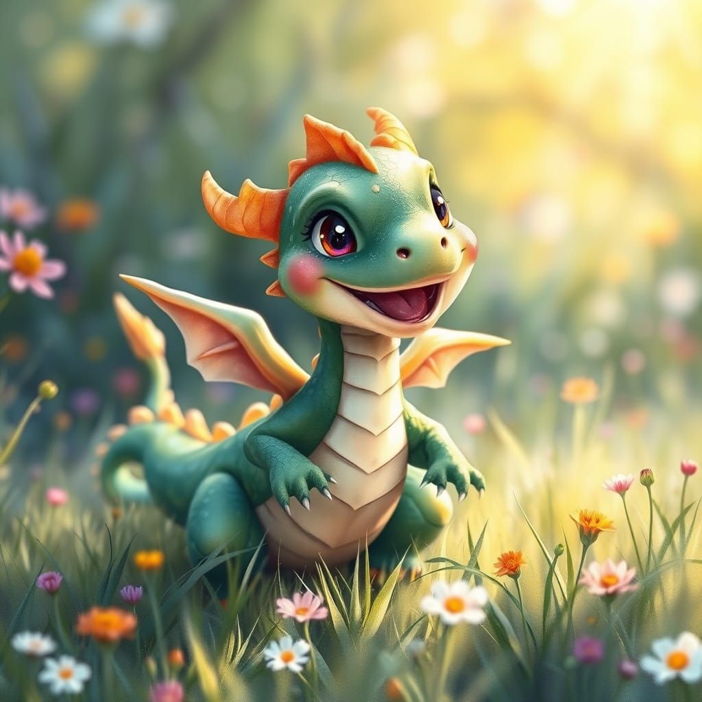 Vibrant Dragon Plays in Spring Meadow