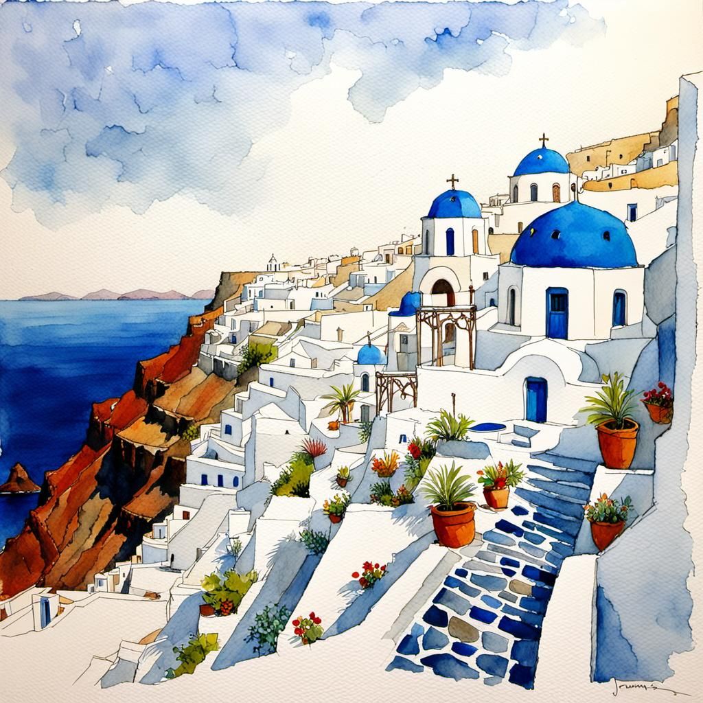 Santorini Street Watercolor Line Drawing