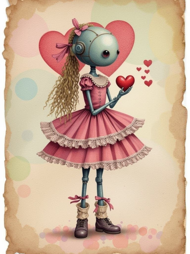 Cyborg Valentine in Pointillism Style on Aged Paper