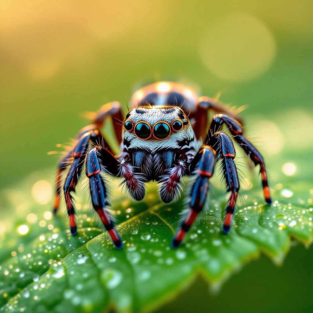 Macro Photo of Redback Jumping Spider on Leaf