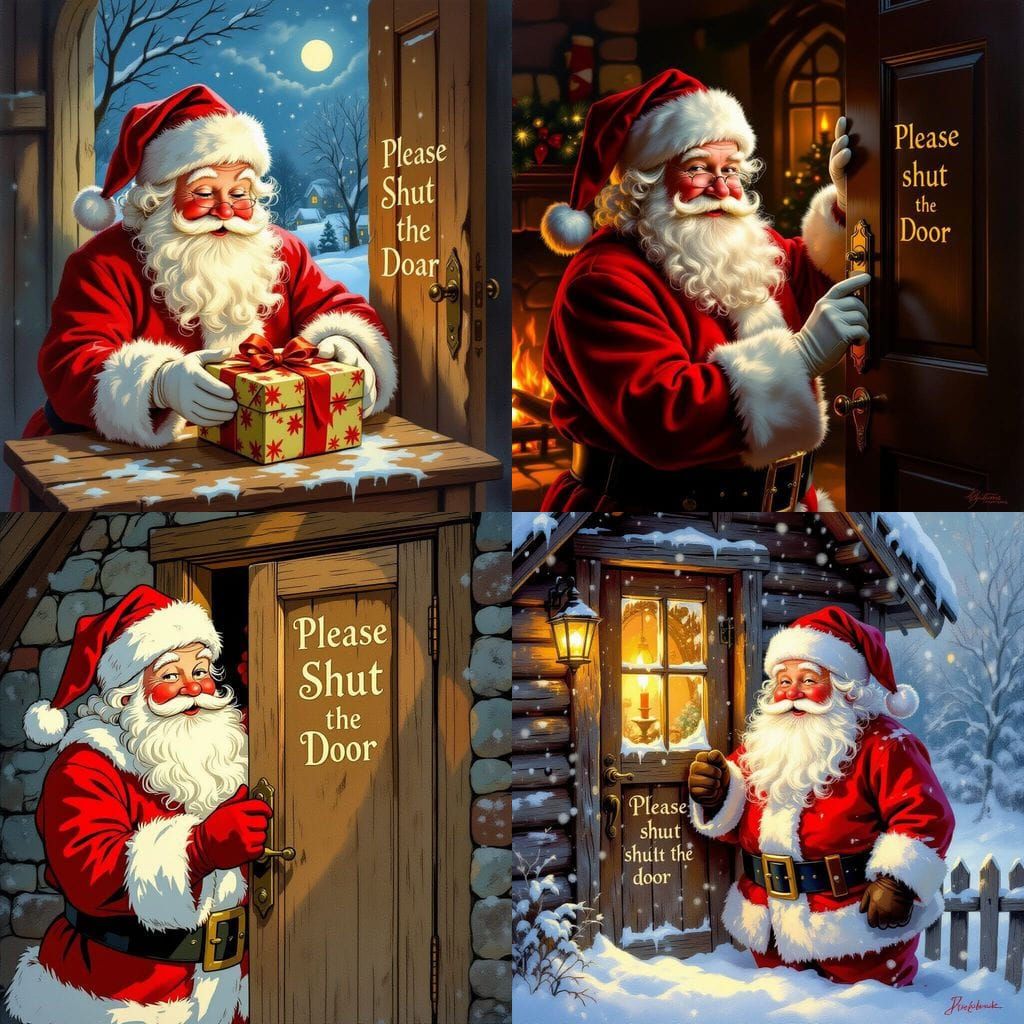 Father Christmas Figure Holding 'Please Shut the Door' Sign
